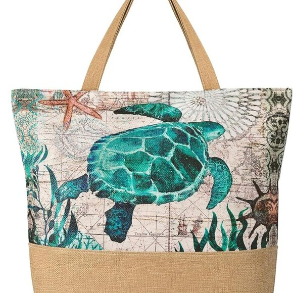 Turtle  Beach Bag for Women, Large Beach Tote Bags with Zipper, Woven Straw Tote - Picture 3 of 5